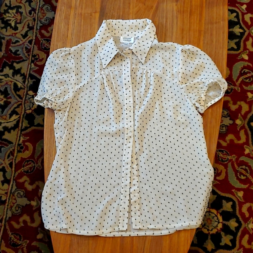 Unique Vintage Caroline Short Sleeve Blouse Ivory with Black Pin Dots, 14 / XL